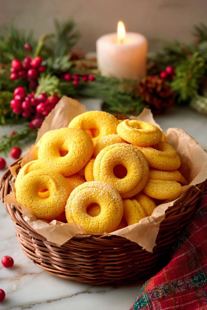 Ring-shaped and S-shaped Italian Bussolai cookies on a parchment-lined baking sheet, golden brown and ready to serve as part of an Italian Christmas Recipes or Festive Dinner Menu spread.
