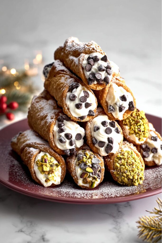 Golden fried cannoli shells filled with smooth ricotta cream, decorated with chopped pistachios and candied orange slices, arranged on a festive platter for an Italian Christmas dinner.