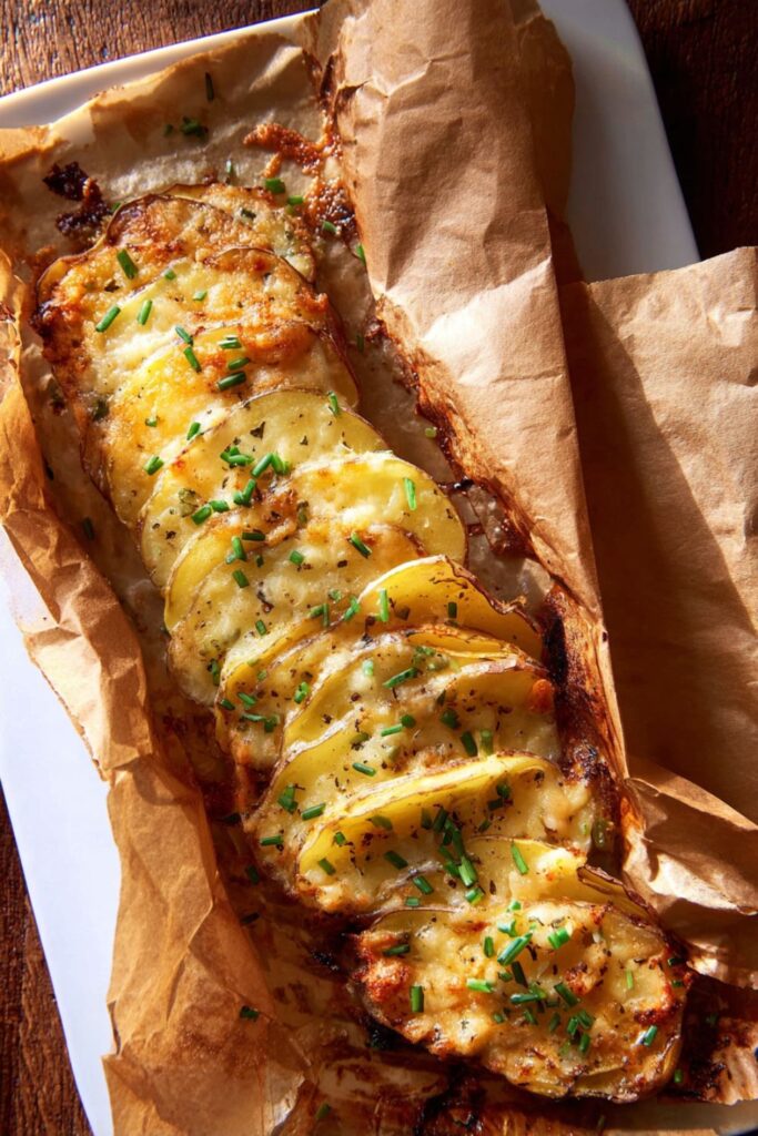 Golden, cheesy potato bundles baked in parchment paper, topped with fresh chives and melted Gruyère and Parmesan, served as a Thanksgiving vegetable side dish.
