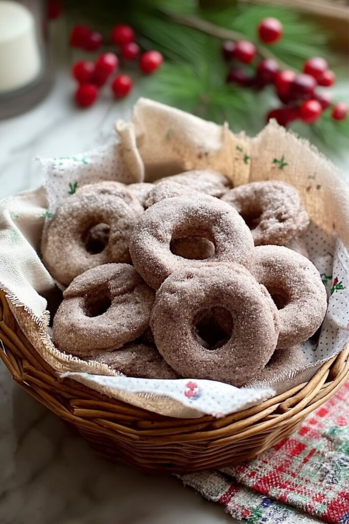 Golden-brown Ciambella cookies shaped into rings, coated in granulated sugar, arranged on a parchment-lined baking sheet as part of an Italian Christmas Recipes or Festive Dinner Menu spread.