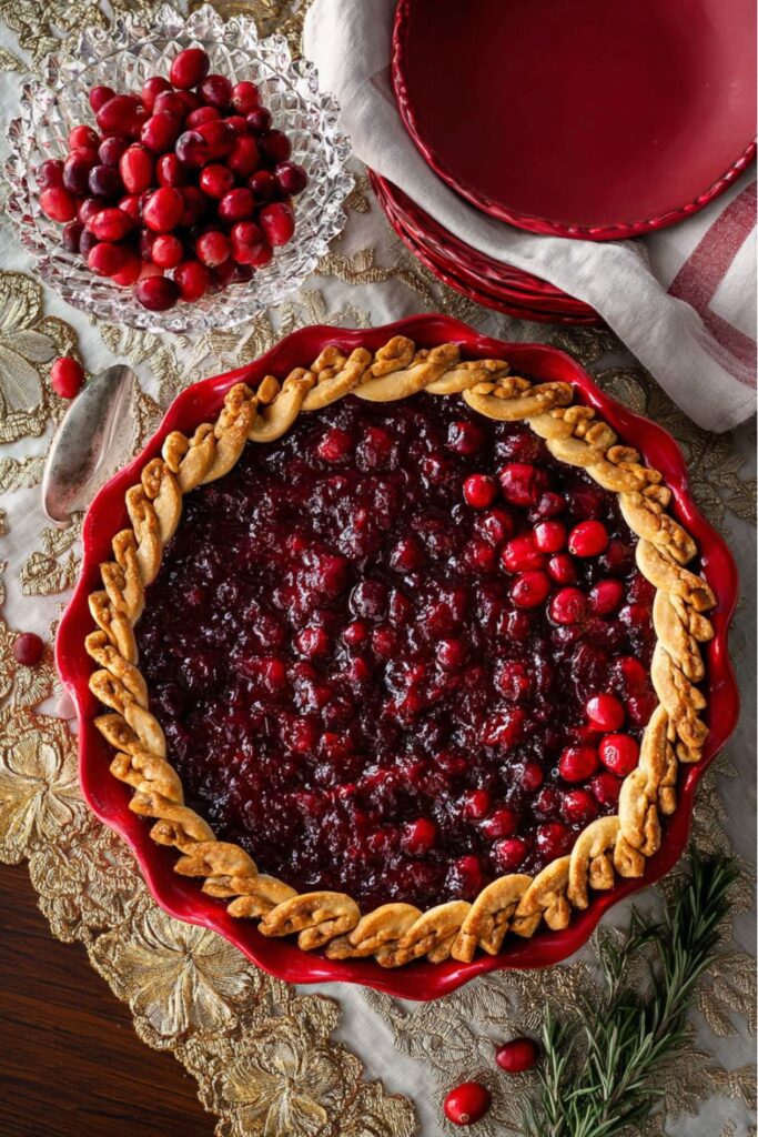 Golden-brown all-butter cranberry pie with bubbling tart cranberry filling, served with a dollop of whipped cream, a classic holiday dessert perfect for Thanksgiving.