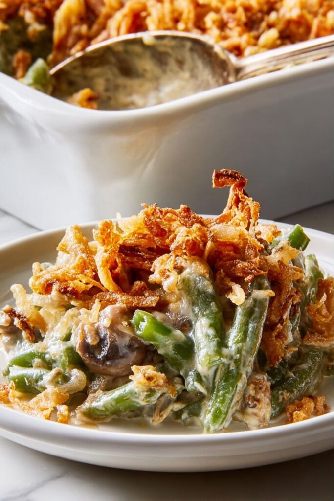 Creamy green bean casserole topped with crispy fried onions, baked to golden perfection and served as a traditional Thanksgiving vegetable side dish.