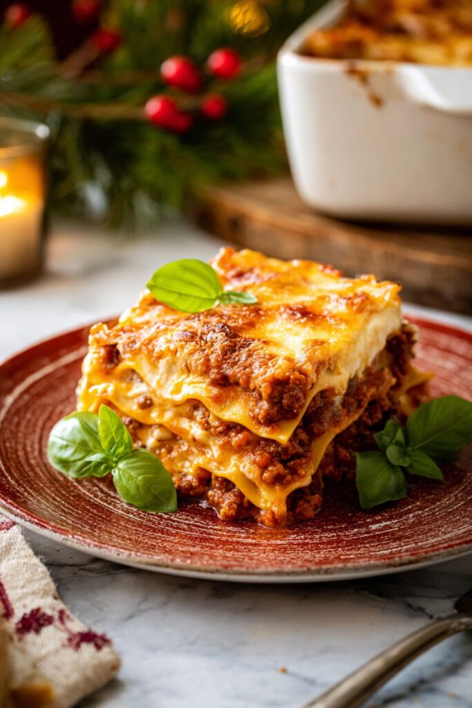 Baked Italian lasagna with golden melted cheese and rich ragu sauce, served hot for an Italian Christmas dinner.