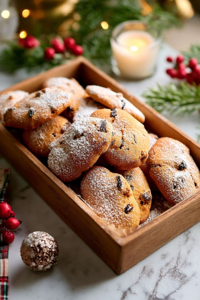 Oval-shaped Italian cookies made with cornmeal, sultana raisins, and optional dark chocolate chips, dusted with powdered sugar and arranged on a parchment-lined tray for a Festive Dinner Menu or Italian Christmas Recipes spread.