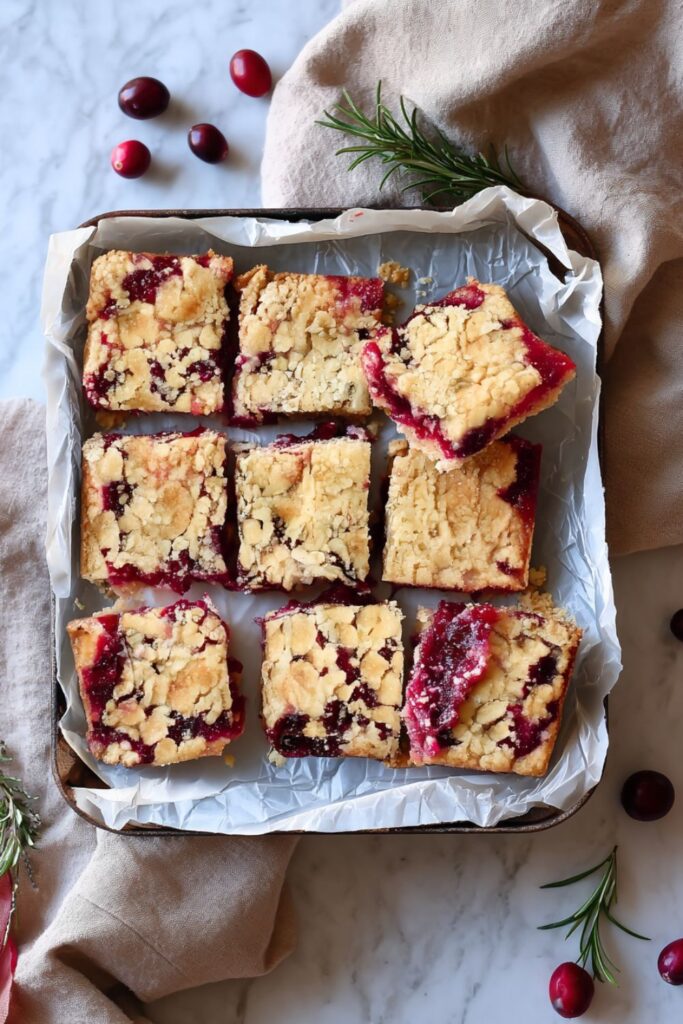 Golden shortbread cranberry crunch bars with a crumbly topping and bright cranberry filling, cut into neat squares on parchment paper, perfect for cranberry dessert recipes Thanksgiving.