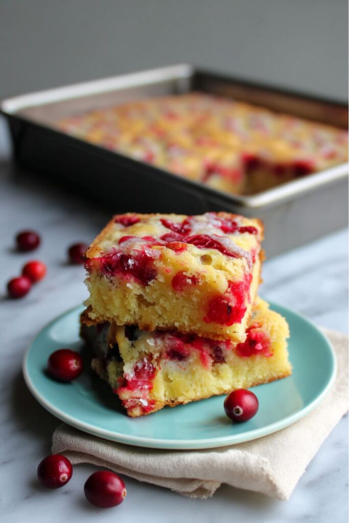 Golden cranberry dessert bars baked in a rectangular pan, dotted with whole cranberries and orange zest, sliced into neat squares for easy serving, a perfect choice for classic holiday desserts.