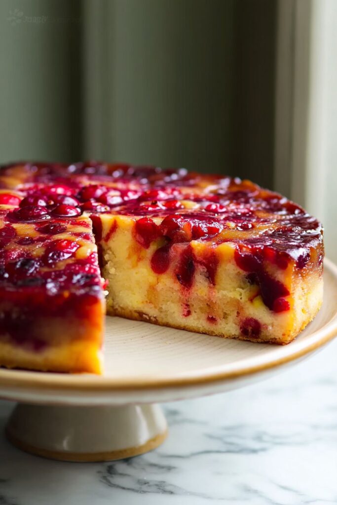 Golden upside-down cranberry cake with a glossy caramelized topping of cranberries, baked in a round pan and served on a platter, perfect for cranberry dessert recipes Thanksgiving.
