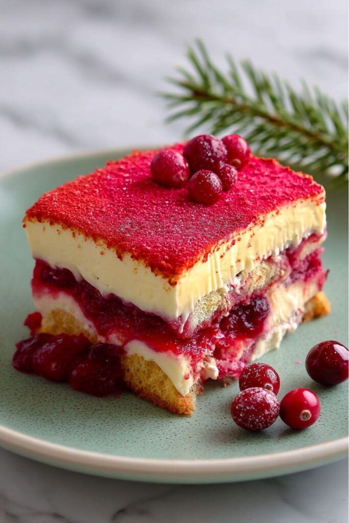 Layered cranberry tiramisu dessert in a glass dish, featuring mascarpone cream, cranberry sauce, and dusted strawberry sugar, perfect for cranberry desserts for Thanksgiving.