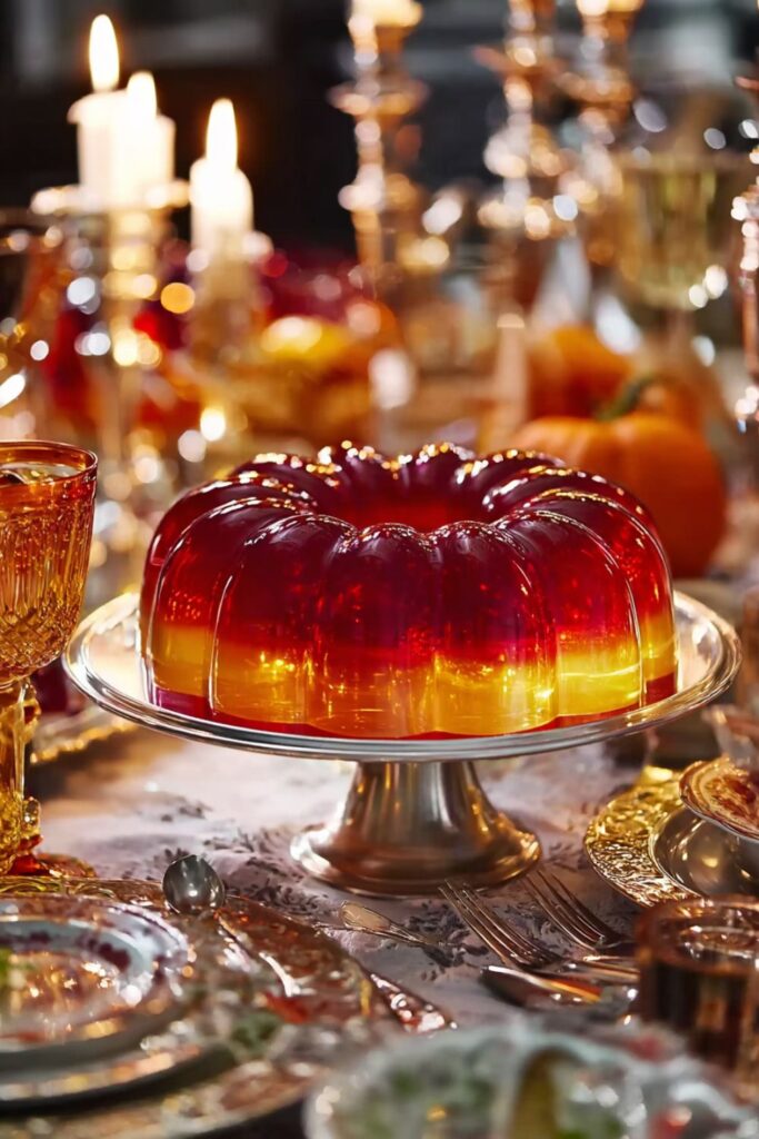 Cranberry-orange sparkling wine gelatin mold with layered cranberry and citrus sections, garnished with mandarin orange slices, a festive centerpiece for elegant holiday desserts.