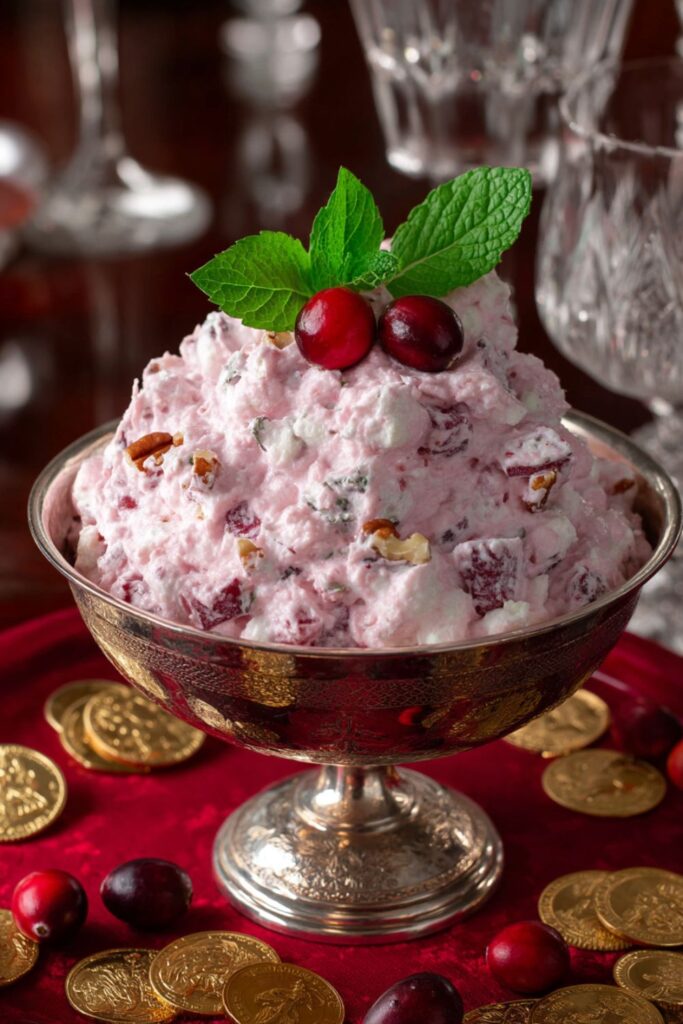 Chilled cranberry-pineapple salad with mini marshmallows, shredded coconut, and chopped pecans, folded with whipped topping, a festive and creamy addition to holiday cranberry desserts.