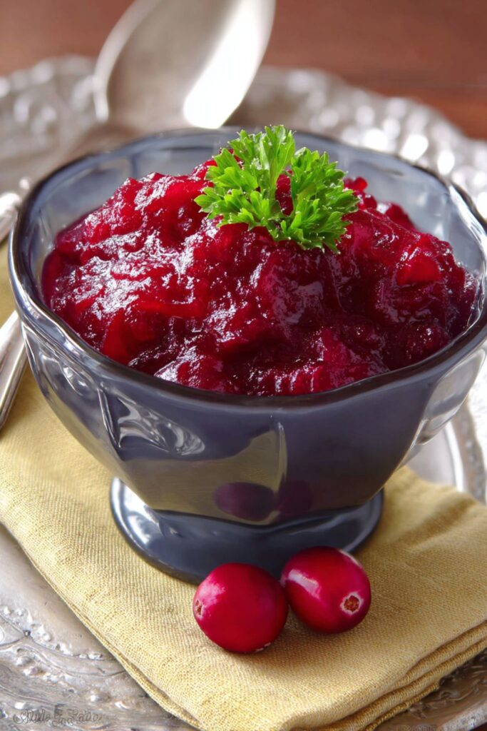 A small bowl of homemade cranberry sauce with fresh cranberries and a hint of orange, perfect for a Thanksgiving for one person celebration.