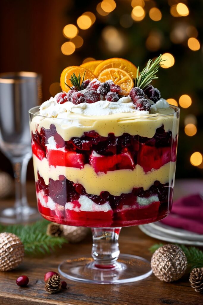 Layered cranberry trifle in a glass bowl with angel food cake, custard, cranberry wine sauce, and whipped cream, topped with sugared cranberries, a stunning option for elegant holiday desserts.