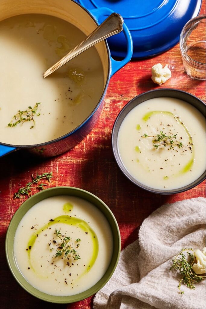Bowl of creamy cauliflower soup garnished with fresh thyme and a drizzle of olive oil, served as a cozy Thanksgiving vegetable side dish.