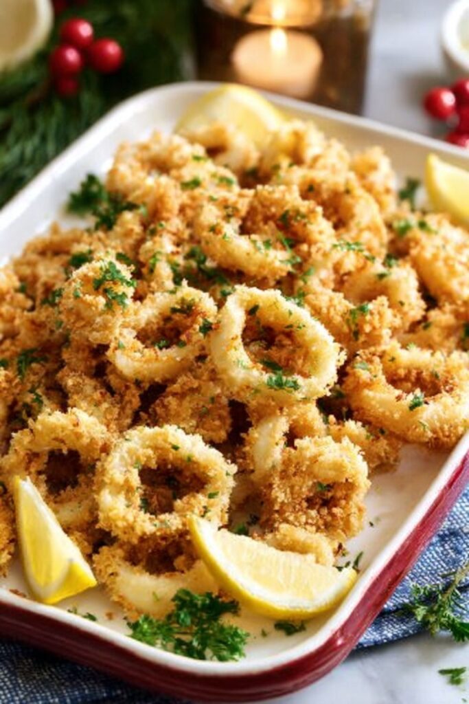Golden air-fried calamari rings sprinkled with parsley and served with lemon wedges, part of an Italian Christmas seafood dinner spread.