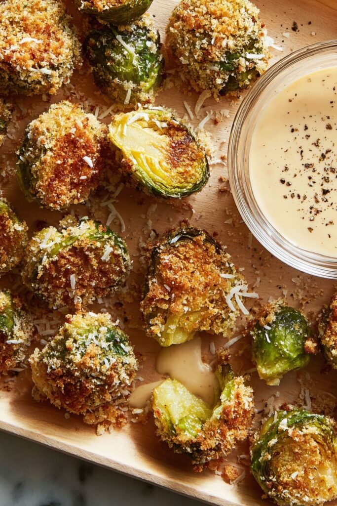 Golden brown crispy Parmesan-crusted Brussels sprouts arranged on a platter with Caesar dressing on the side, served as a Thanksgiving vegetable side dish.