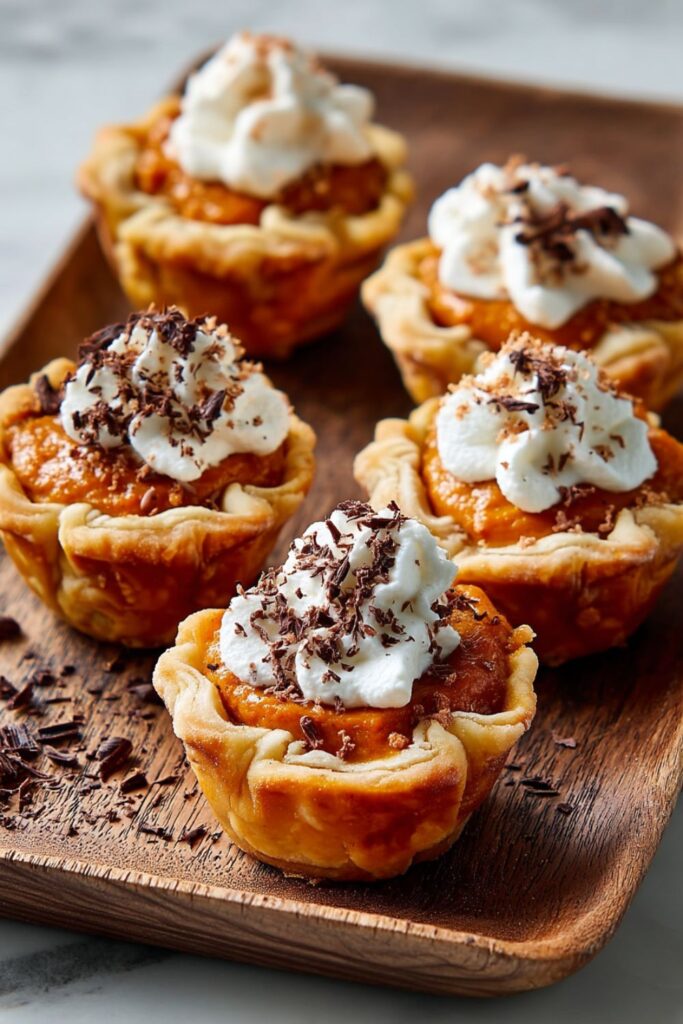 Mini pumpkin pies with golden crusts topped with whipped cream and a sprinkle of cinnamon, arranged neatly on a marble countertop — the perfect Easy Thanksgiving Potluck Dish for sharing.