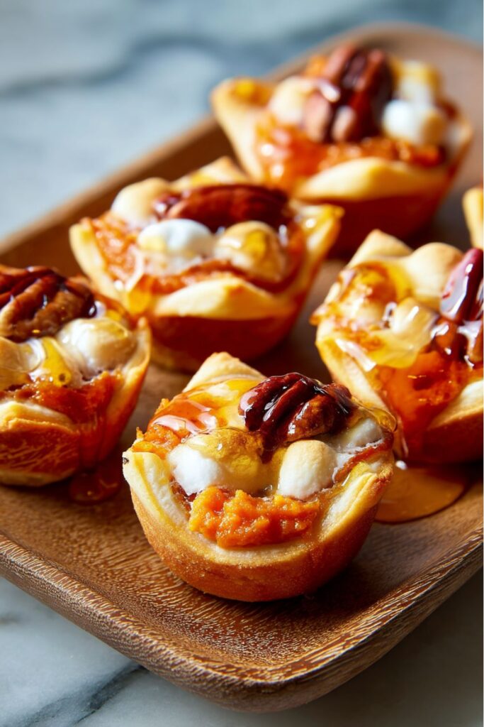 Mini sweet potato crescent bites topped with gooey marshmallows and pecans on a marble countertop, a perfect easy Thanksgiving potluck dish ready to share at a Friendsgiving gathering.