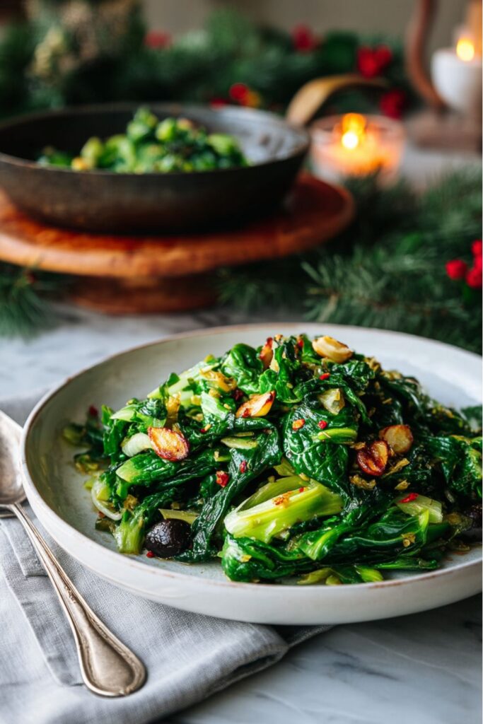 Sautéed escarole tossed with black olives, capers, and garlic, served as part of an Italian Christmas dinner spread.
