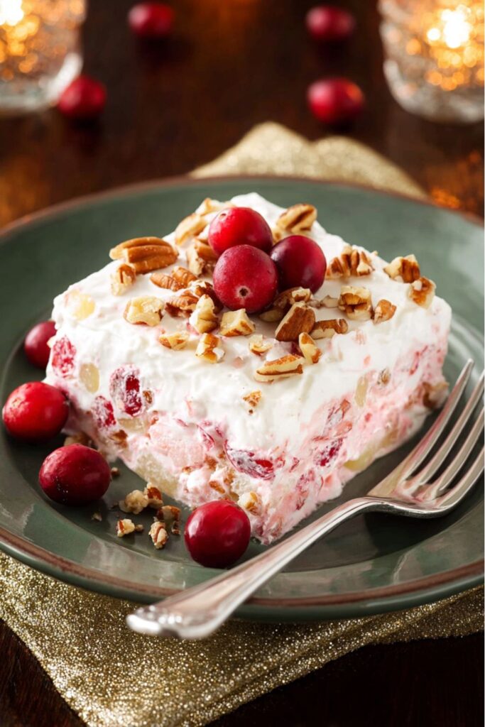 Frozen cranberry dessert in a rectangular dish topped with whipped cream and pecans, sliced into squares, a refreshing twist on holiday cranberry desserts.
