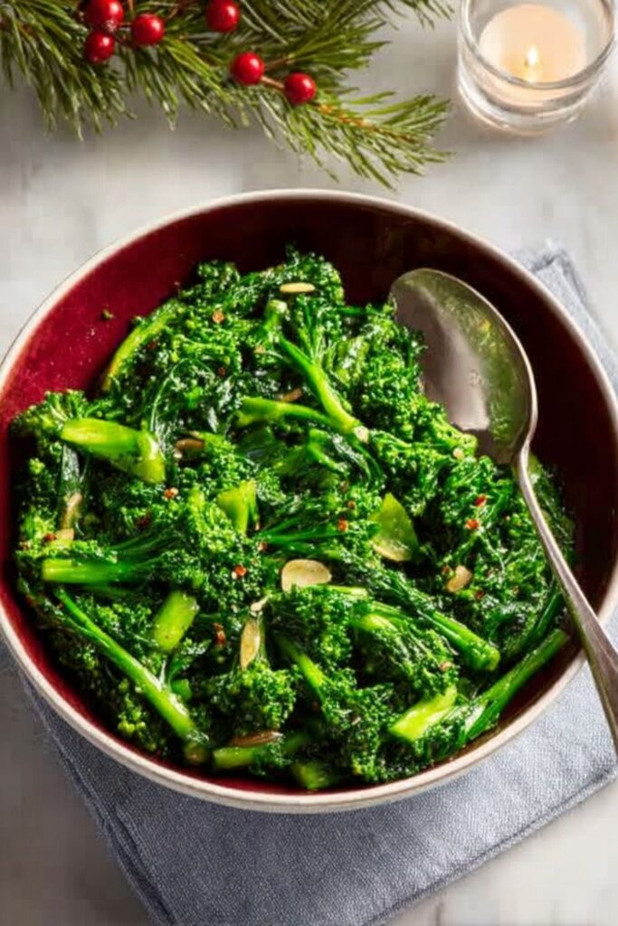 Sautéed broccoli rabe with garlic and chili flakes glistening in olive oil, served on a rustic platter as part of an Italian Christmas dinner spread.