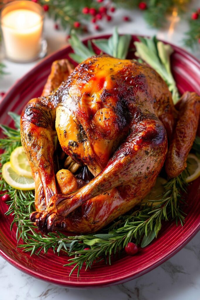Golden roasted turkey with crispy herb butter skin, surrounded by lemon, garlic, and rosemary, served for an Italian Christmas dinner.