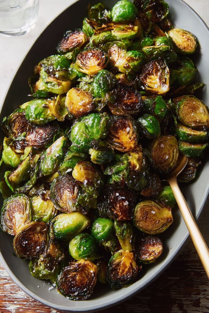 Crispy honey-roasted Brussels sprouts glistening on a baking sheet, caramelized on the edges and sprinkled with red pepper flakes, served as a Thanksgiving vegetable side dish.