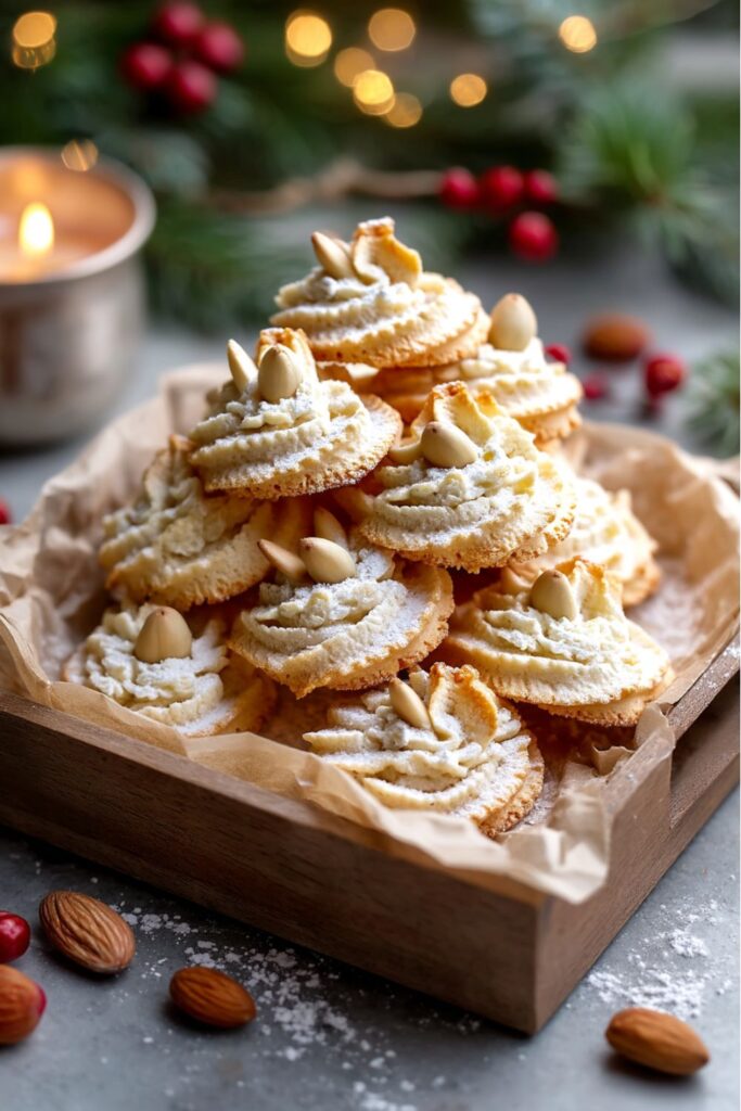 Golden, sugar-coated Italian almond cookies arranged neatly on a festive platter, some topped with whole almonds, perfect for an Italian Christmas dinner or Yuletide Recipes dessert table.