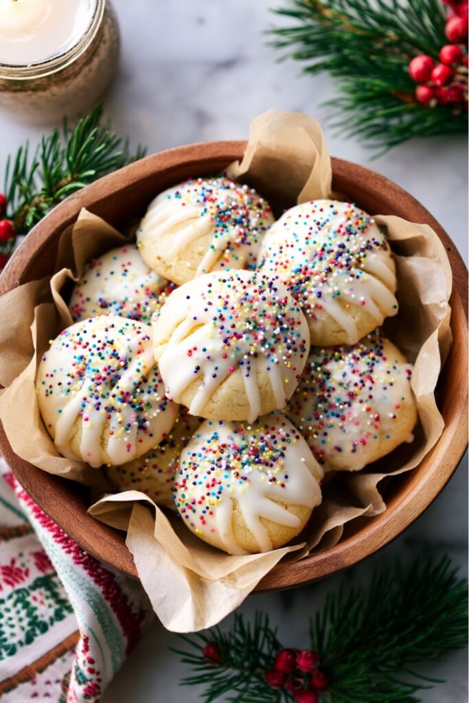 Glazed Anginetti cookies decorated with colorful sprinkles, arranged on a festive plate as part of Italian Holiday Foods and perfect for Italian Christmas Recipes or a Christmas Diner Ideas dessert table.