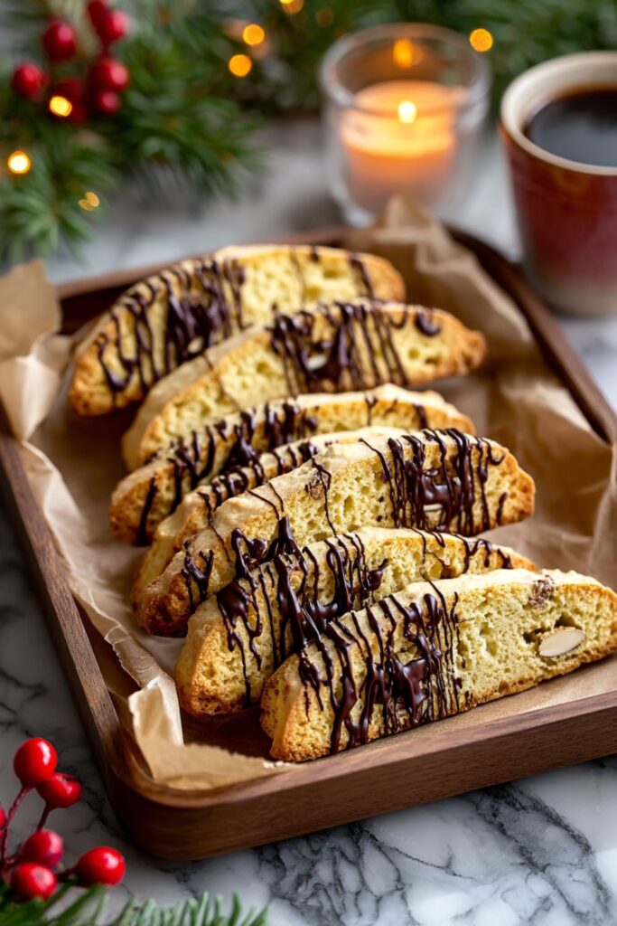 Golden, crisp Italian biscotti slices arranged on a festive platter, some studded with pistachios and dried cranberries, perfect for an Italian Christmas dinner or Yuletide Recipes dessert table.
