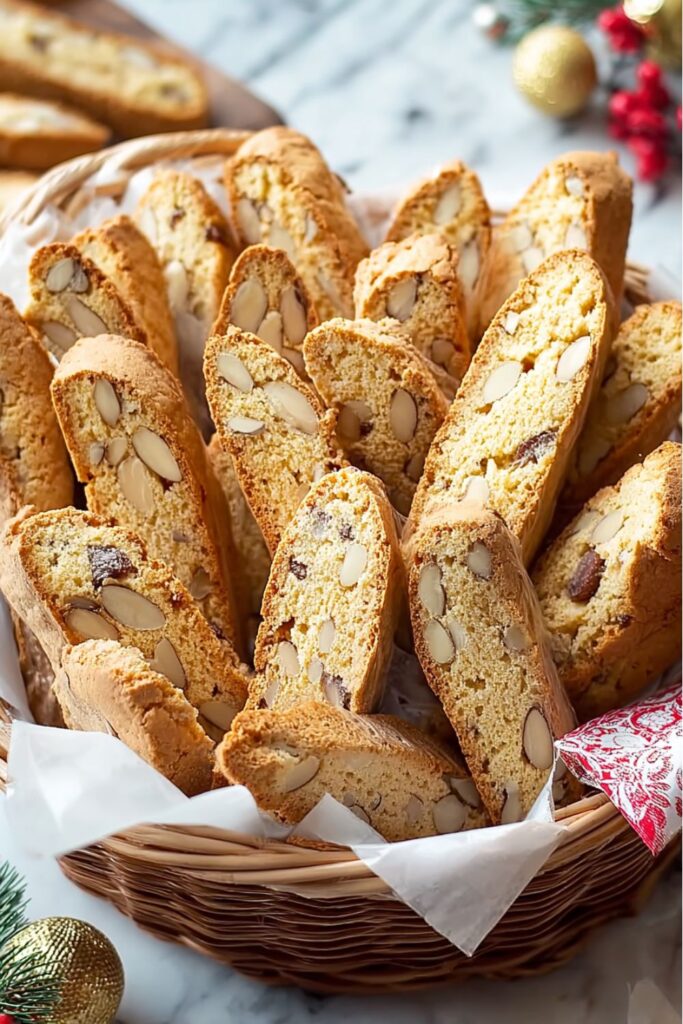A tray of Italian Christmas Cookies sliced into tozzetti, showing golden-baked logs studded with whole almonds, representing classic Italian Christmas desserts.