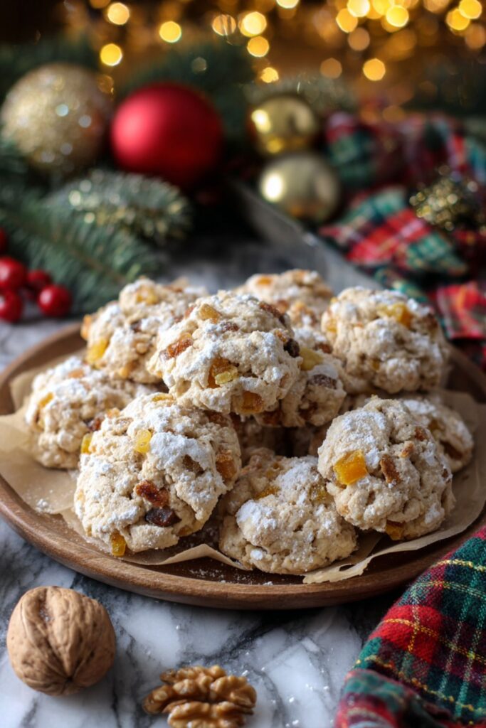 A tray of Italian Christmas Cookies topped with powdered sugar, featuring candied orange pieces and chopped walnuts, representing classic Italian Christmas desserts.