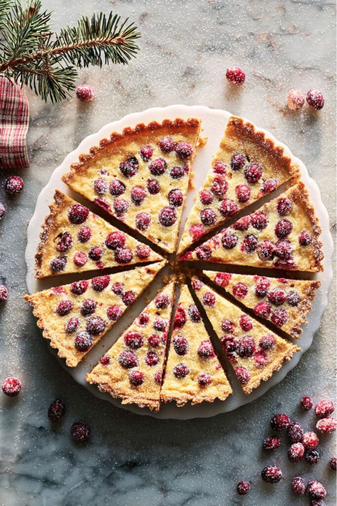 Golden-brown Italian cranberry almond tart in a round tart pan, topped with fresh cranberries, representing Italian Holiday Foods and a Festive Dinner Menu dessert for Yuletide Recipes or Italian Christmas Recipes.