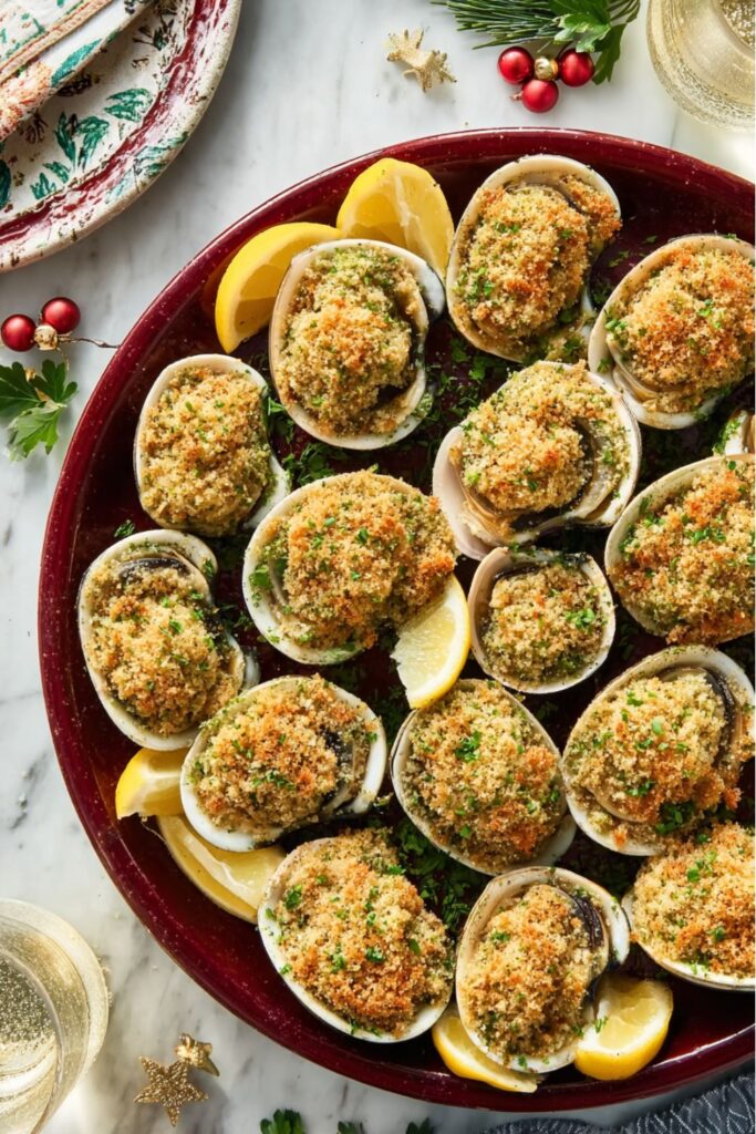 Golden baked stuffed clams topped with crispy breadcrumbs, parsley, and lemon wedges on a festive platter—an elegant choice for Italian Christmas dinner ideas.