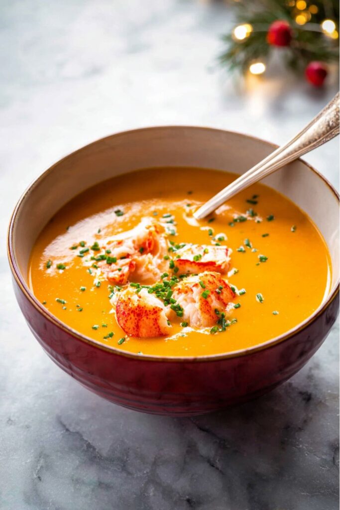 A creamy bowl of lobster bisque topped with tender lobster meat and chives—an elegant seafood course perfect for Italian Christmas dinner ideas and holiday feasts.