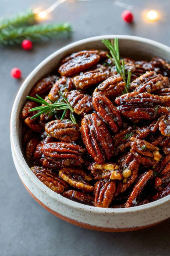 A bowl of golden, caramelized maple-rosemary pecans sprinkled with flaky sea salt—an easy, festive snack perfect for Italian Christmas dinner ideas.
