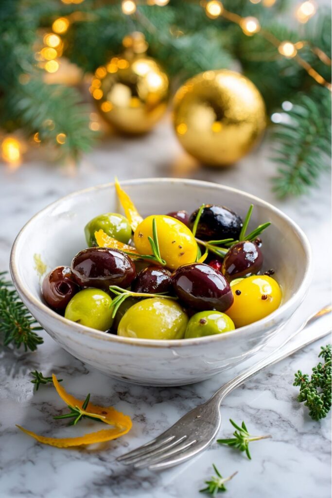 A rustic bowl of marinated green and black olives infused with citrus zest, herbs, and chili flakes, glistening in olive oil—an inviting option for Italian Christmas dinner ideas.