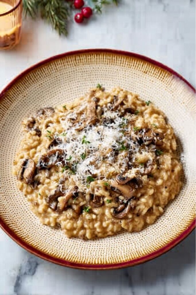 Creamy mushroom risotto served in a rustic bowl, topped with shaved parmesan, fresh thyme, and a drizzle of truffle oil, perfect for elegant Italian Christmas dinner ideas.