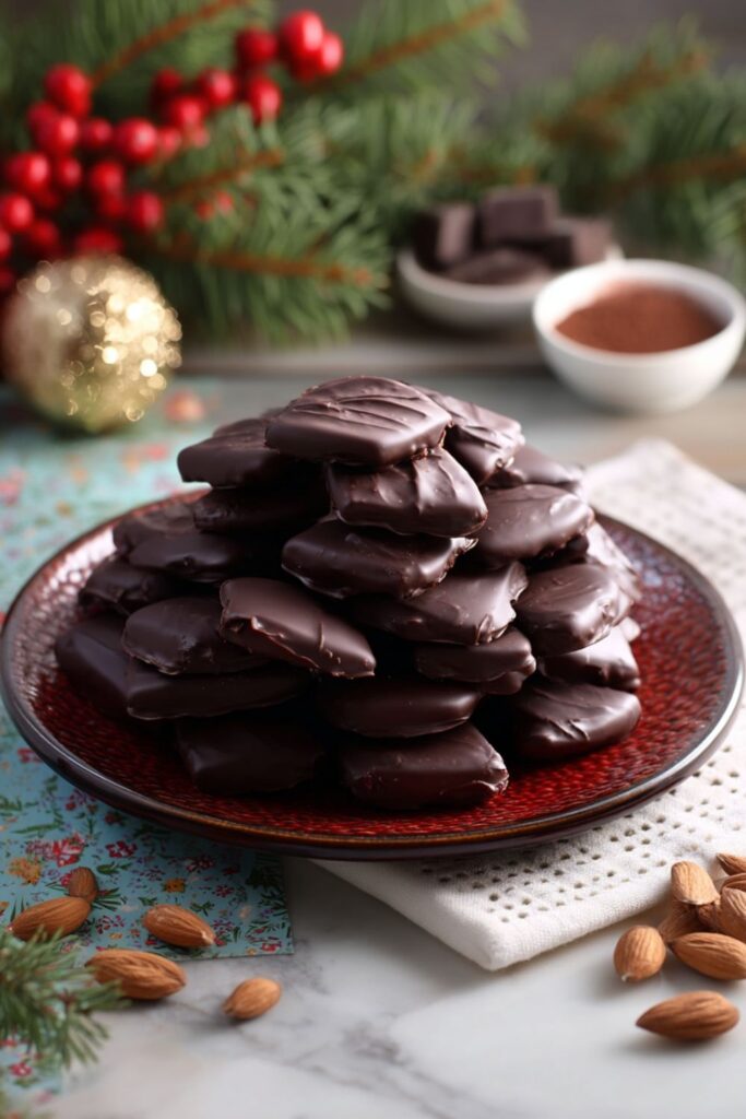 Diamond-shaped Italian Mustaccioli cookies coated in glossy dark chocolate, arranged neatly on parchment paper, representing traditional Italian holiday foods and festive desserts.