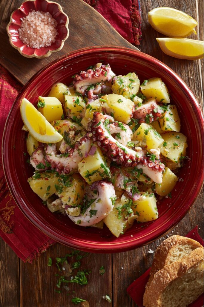 A festive Italian octopus and potato salad served on a white platter, drizzled with olive oil and lemon juice, garnished with parsley and lemon wedges—perfect for an Italian Christmas dinner idea.