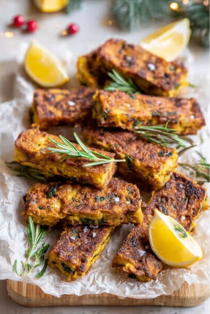Crispy golden Sicilian panelle fritters stacked on a platter, made with chickpea flour, spinach, and herbs, served hot and sprinkled with sea salt for an Italian Christmas dinner idea.