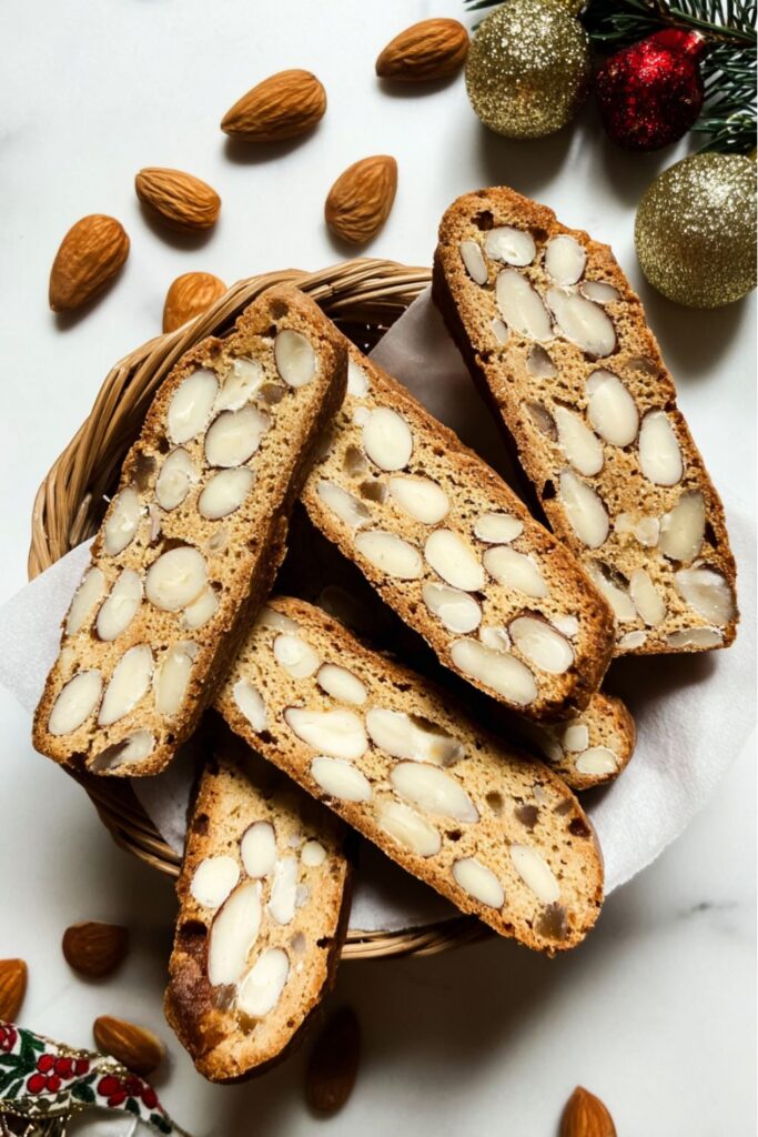 Thinly sliced Italian Pepatelli cookies with toasted almonds and honey, arranged on a cooling rack after baking, representing classic Italian holiday foods and festive desserts.