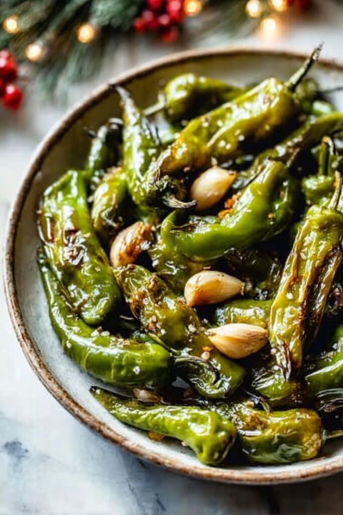 Roasted Italian long hot peppers glistening with olive oil and garlic on a baking sheet, a simple and flavorful dish perfect for Italian Christmas dinner ideas.