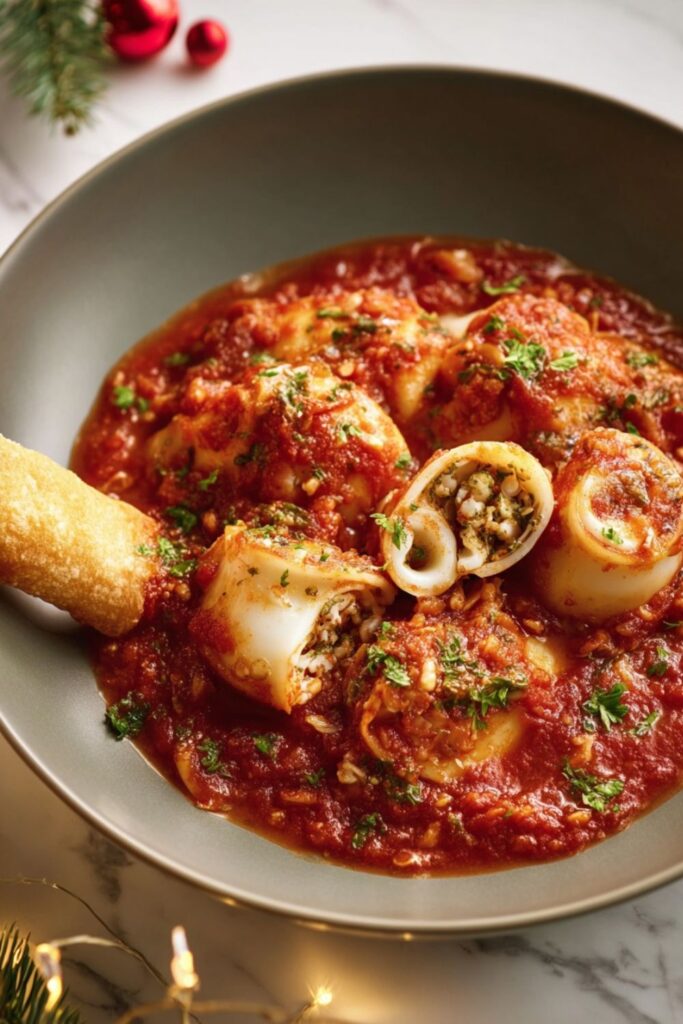 Platter of tender stuffed calamari in rich tomato sauce, garnished with parsley—an elegant Italian holiday dinner dish perfect for Italian Christmas dinner ideas.