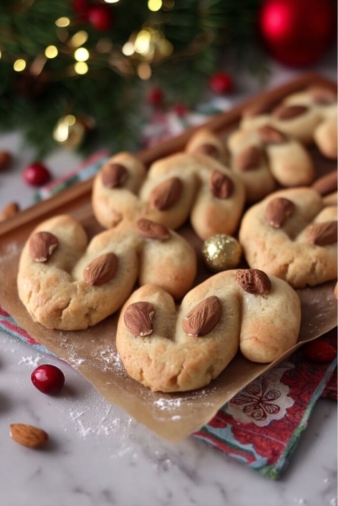 Golden-brown S-shaped Italian honey almond cookies (Susamielli) arranged on a tray, brushed with egg white glaze and decorated with whole almonds, part of traditional Italian holiday foods.