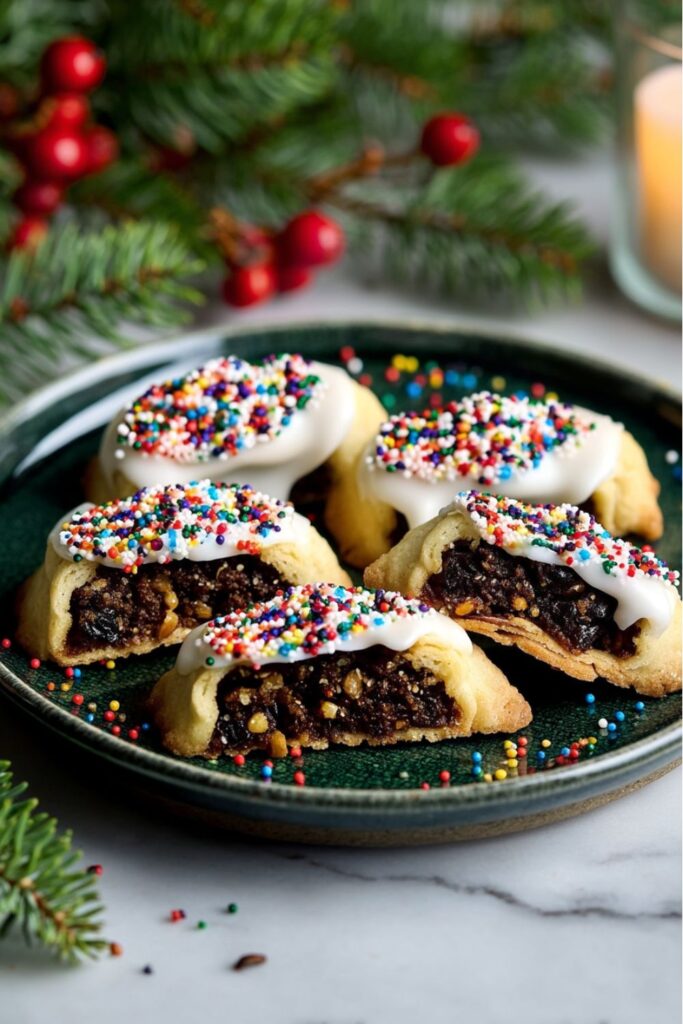 Glazed fig and nut cookies coated with rainbow sprinkles, arranged on a festive platter as part of Italian Holiday Foods, perfect for Italian Christmas Recipes or a Christmas Diner Ideas dessert spread.