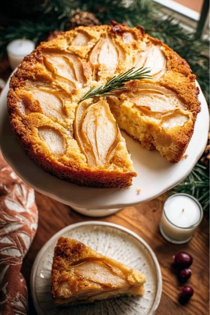 Golden-brown Italian pear and ricotta cake on a festive platter, topped with thinly sliced pears and a light sprinkle of sugar, perfect for an Italian Christmas dinner or Christmas Eve Supper dessert.