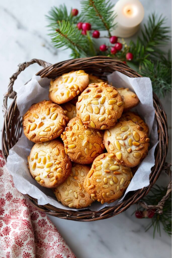 Golden Italian pine nut cookies on a parchment-lined baking sheet, lightly crisped at the edges, perfect for Italian Christmas Recipes or a Festive Dinner Menu dessert during Yuletide Recipes.