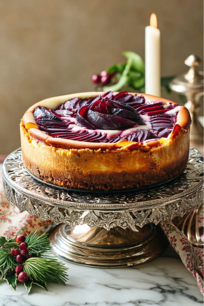Plum-topped ricotta cheesecake with a golden graham cracker crust, served as part of an Italian Holiday Foods dessert spread, perfect for Italian Christmas Recipes or a Festive Dinner Menu during Yuletide Recipes.