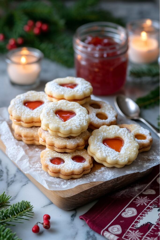 Festive Italian Spitzbuben cookies dusted with powdered sugar and filled with bright jam, arranged on a marble countertop for an Italian Christmas dinner spread.