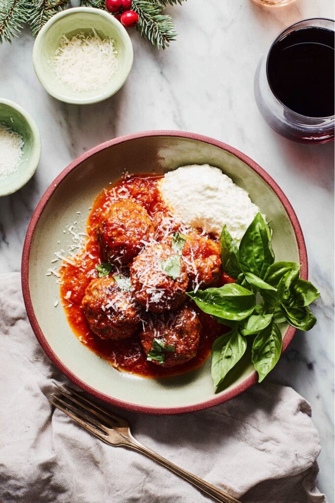 Juicy Italian meatballs simmered in tomato sauce, topped with Parmesan and basil, served for an Italian Christmas dinner.